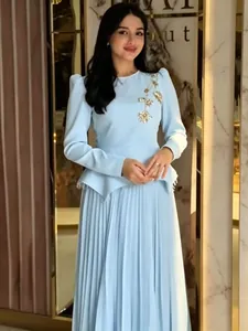 Elegant Round Neck Long Sleeve High Waist Peplum Pleated Maxi Dress With Gold Floral Embroidery Sequins For Women Evening Party