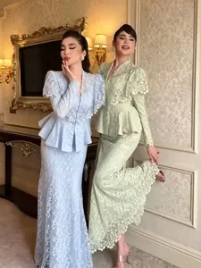 Women Elegant Lace Floral Embroidery Skirt Set V-Neck Shawl Peplum Top And Bottom Two Piece Outfit Formal Party Dress