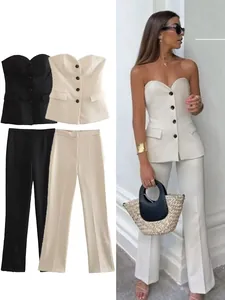 Chic two-piece set featuring a button-front strapless vest and matching straight-leg trousers
