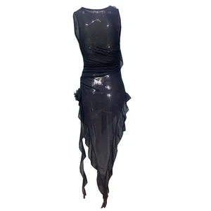 Back detail view of black sexy mesh sleeveless dress with asymmetrical ruffled hem design