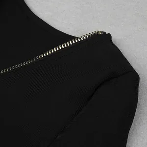 Close-up detail view of a high-quality golden metal zipper on black ribbed bandage dress fabric