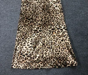 Close-up detail of leopard print maxi dress showing fabric texture and hemline finish