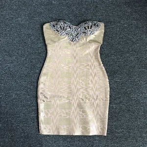 Luxurious gold bronzing strapless bandage party dress with sparkling rhinestone neckline