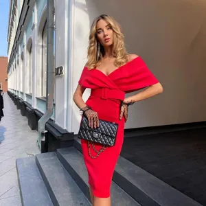 Elegant red off-shoulder bodycon cocktail dress with a matching belt for women
