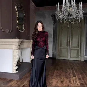 Elegant burgundy lace and black satin contrast long sleeve maxi dress for autumn.