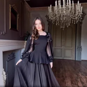 Robe de soirée trapèze noire élégante de style français avec manches bouffantes
