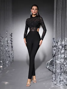 Women Sexy Mesh Jumpsuit Long Sleeve Hand Beaded Perspective Bandage Bodycon Jumpsuit Top And Bottom Party Evening Clubwear
