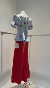 Light blue floral puff sleeve peplum top and red skirt two-piece set for summer
