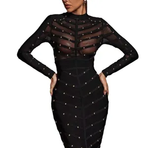 Sexy black sheer mesh bandage dress with gold stud details and long sleeves for party