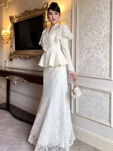 Elegant V-neck lace shawl peplum top and long skirt set with heavy floral embroidery