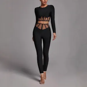Ensemble deux pièces noir chic à manches longues avec mesh et pantalon à taille haute