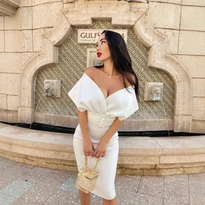 Elegant white off-the-shoulder bodycon midi dress with waist belt for formal occasions