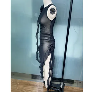 Sexy black sheer mesh sleeveless bodycon dress with ruffle trim and 3D floral accents