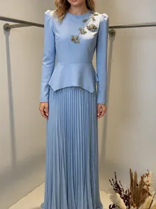 Elegant light blue round neck long sleeve pleated maxi dress with floral crystal embroidery