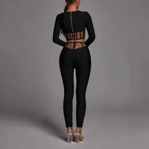 Élégant ensemble bandage noir deux pièces avec découpes en mesh et manches longues