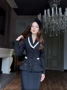 Elegant French design black blazer suit with floral embroidery and white lapel detail
