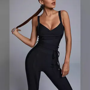 Elegant black V-neck bandage jumpsuit with slim-fit camisole design for professional fashion look