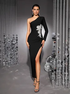 One Shoulder Long Sleeve Bandage Maxi Dress Rhinestone Flower Slit Ruched Evening Banquet Party Gown Dress For Women