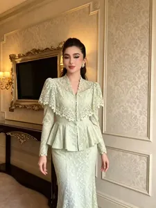 Elegant pale green V-neck lace shawl outfit with heavy floral embroidery for formal wear.