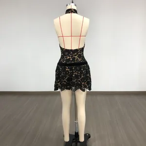Back view of a black lace halter mini dress with an open back and eyelash lace trim.