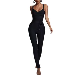 Elegant sleeveless V-neck black bandage jumpsuit featuring a flattering waist tie for women