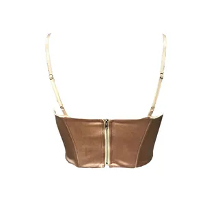 Eleganter brauner Satin-Korsett-Cami-Crop-Top mit funktionalem Rückenreißverschluss