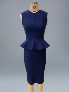 Elegant navy blue sleeveless peplum top and bodycon bandage skirt two-piece set