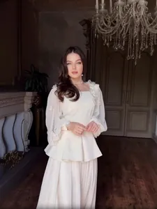 Ensemble Peplum Top Et Bas Élégant Français Avec Décoration Florale 3D Et Nœud Col Carré Manches Transparentes Robe Ligne A Maxi Pour Femmes