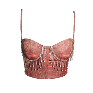 Top bustier pailleté or rose avec franges en strass argentés pour soirée chic mode