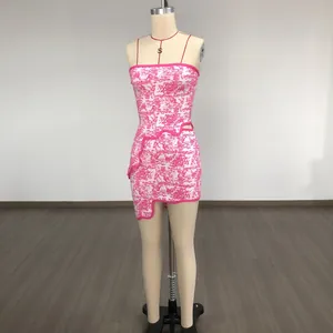 Rose red and white jacquard bandage set featuring tube top and irregular mini skirt