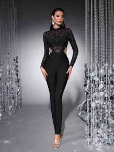 Elegant black beaded mesh long sleeve bandage jumpsuit with sexy see-through details