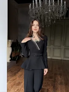 Elegant black peplum blazer set with crystal rhinestone V-neck and belted waist for women