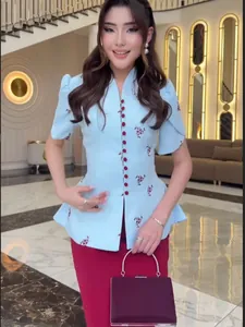 Elegant summer 2-piece set: light blue floral puff sleeve top and maroon pencil skirt.