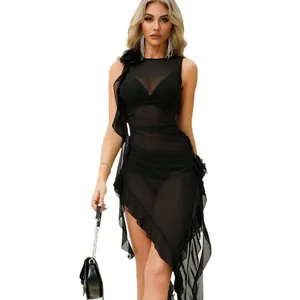 Elegant sexy black mesh asymmetrical sleeveless dress featuring stylish ruffle details