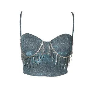 Top corset pailleté bleu sarcelle sexy avec franges de strass argentées pour soirées
