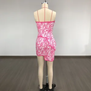 Back view of a sexy pink and white jacquard mini dress set featuring irregular hemline