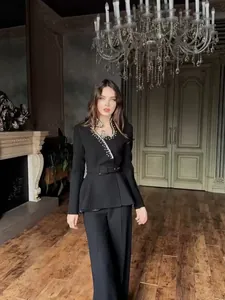 Elegant black blazer suit set with rhinestone tassel V-neck and waist belt