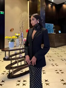 Chic black polka dot flower blazer suit set for women's high-end professional wear