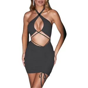 Sexy black halter neck backless ruched bodycon bandage mini dress for summer parties