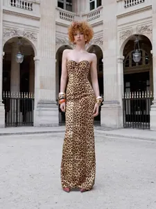 Women Sexy Leopard Print Strapless Bodycon Maxi Dress Back Slit Slim Fit Satin Finish Clubwear Party Long Dress Top And Bottom