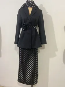 Elegant black polka dot suit set with flower blazer and long skirt for women's fashion