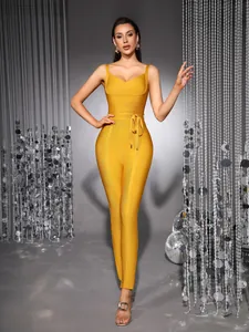 Sexy V Neck Cami Bandage Jumpsuit For Women Bodycon Sleeveless Long Pants Clubwear Party Night Out Top And Bottom