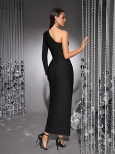 Elegant black one-shoulder long sleeve bandage evening gown showing back view and texture