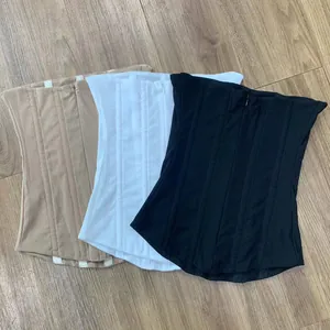 High-stretch mesh corset tube tops shown in khaki, white, and black colors.