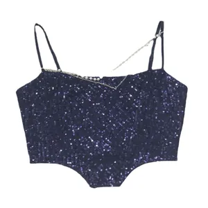 Sexy navy blue sequined camisole crop top featuring a decorative pearl chain detail.