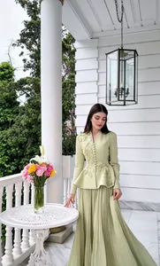 Elegant sage green vintage embroidered blazer paired with long pleated skirt for women