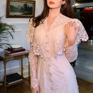 French vintage V-neck lace maxi dress featuring elegant ruffle cape and long sleeves for women.