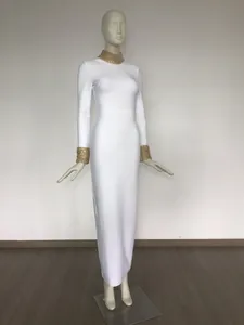 Elegant white bandage maxi dress with luxury gold beaded high neck and cuffs decoration