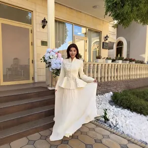 Elegant cream vintage embroidered blazer and long pleated skirt two-piece set for women