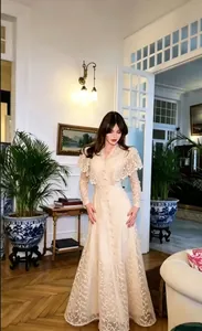 Elegant French vintage V-neck lace maxi dress with ruffle shawl and long sleeves in beige